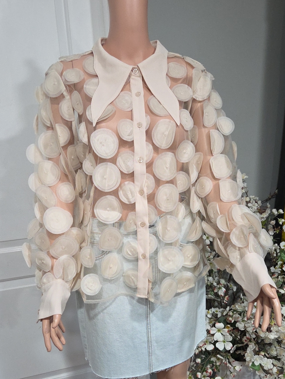 Gracia Sheer 3D Cream Dot-Appliqué Button Blouse